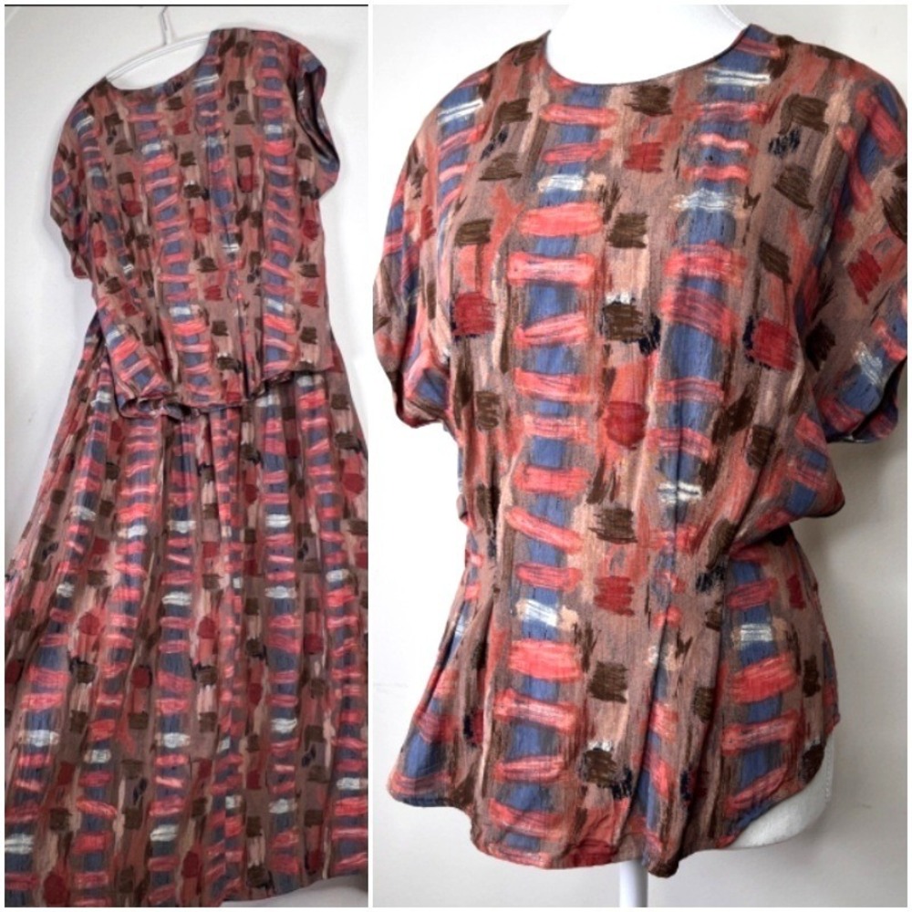 Vintage Rayon Two Piece Set Brushstroke Print Button Blouse Pleated Maxi Skirt